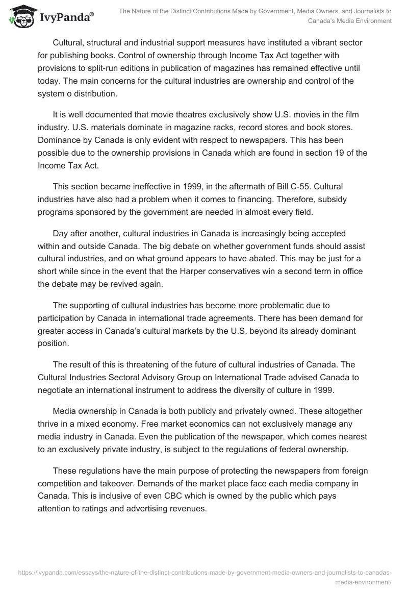 The Nature of the Distinct Contributions Made by Government, Media Owners, and Journalists to Canada’s Media Environment. Page 2