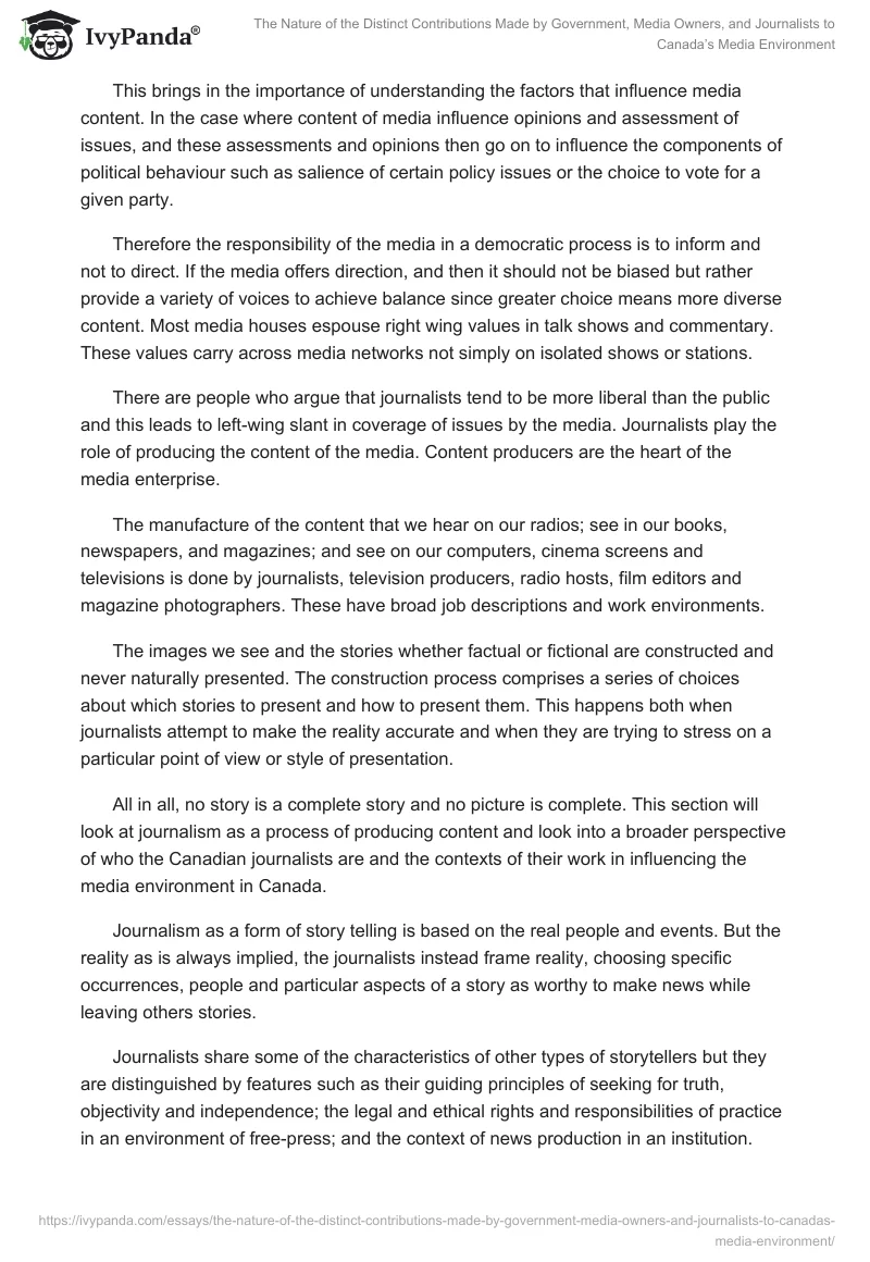 The Nature of the Distinct Contributions Made by Government, Media Owners, and Journalists to Canada’s Media Environment. Page 4