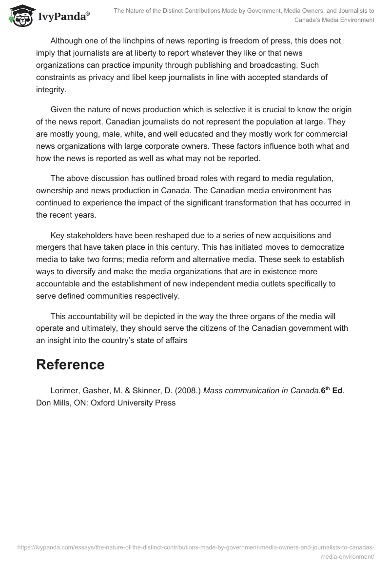 The Nature of the Distinct Contributions Made by Government, Media Owners, and Journalists to Canada’s Media Environment. Page 5