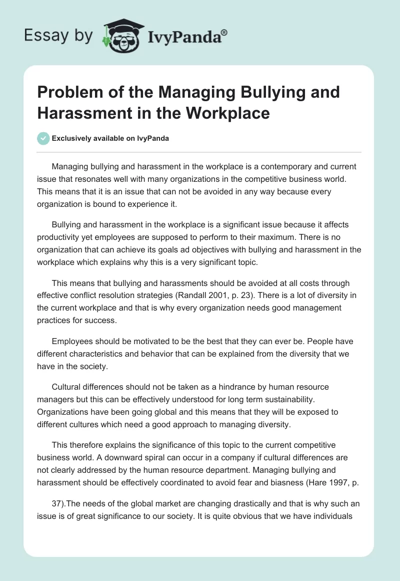 Problem of the Managing Bullying and Harassment in the Workplace. Page 1