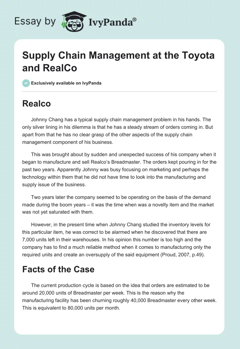 Supply Chain Management at the Toyota and RealCo. Page 1