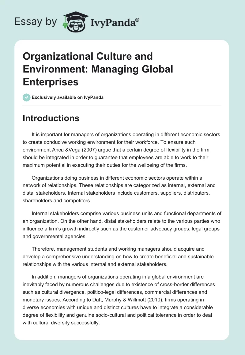 Organizational Culture and Environment: Managing Global Enterprises. Page 1