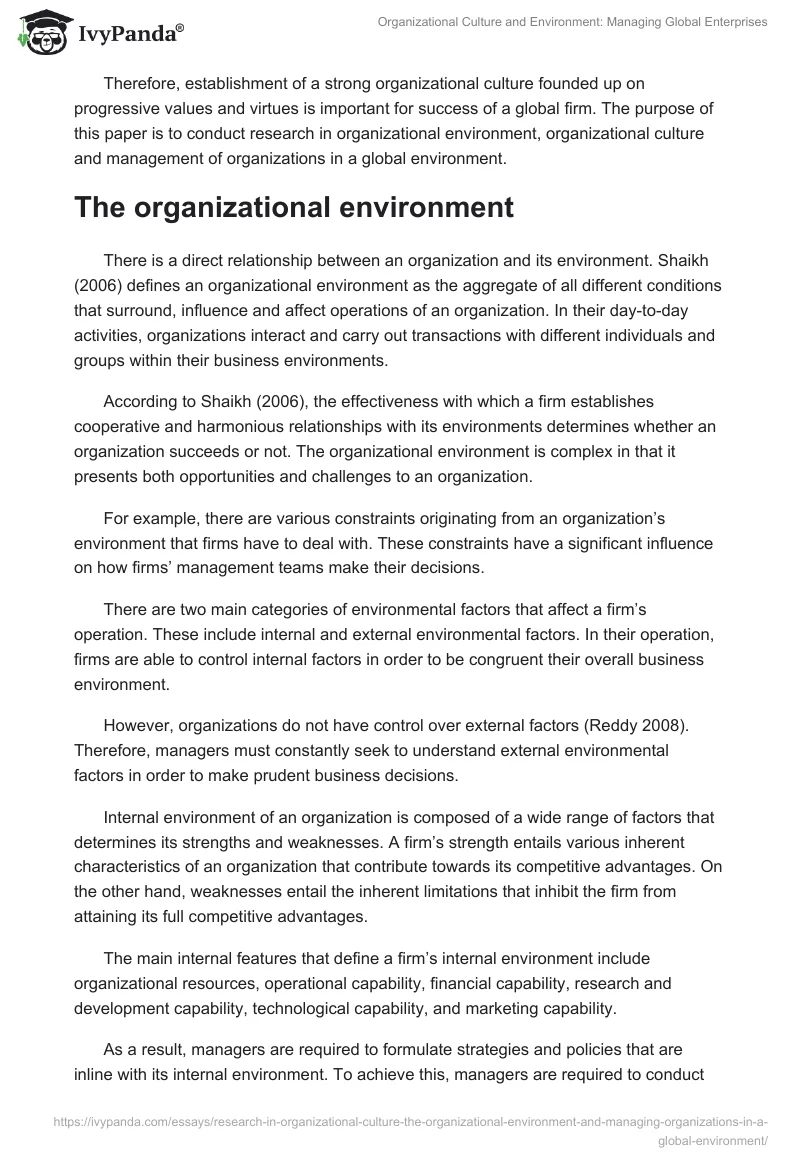 Organizational Culture and Environment: Managing Global Enterprises. Page 2