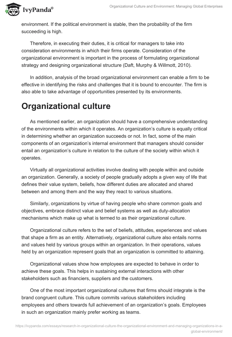 Organizational Culture and Environment: Managing Global Enterprises. Page 5