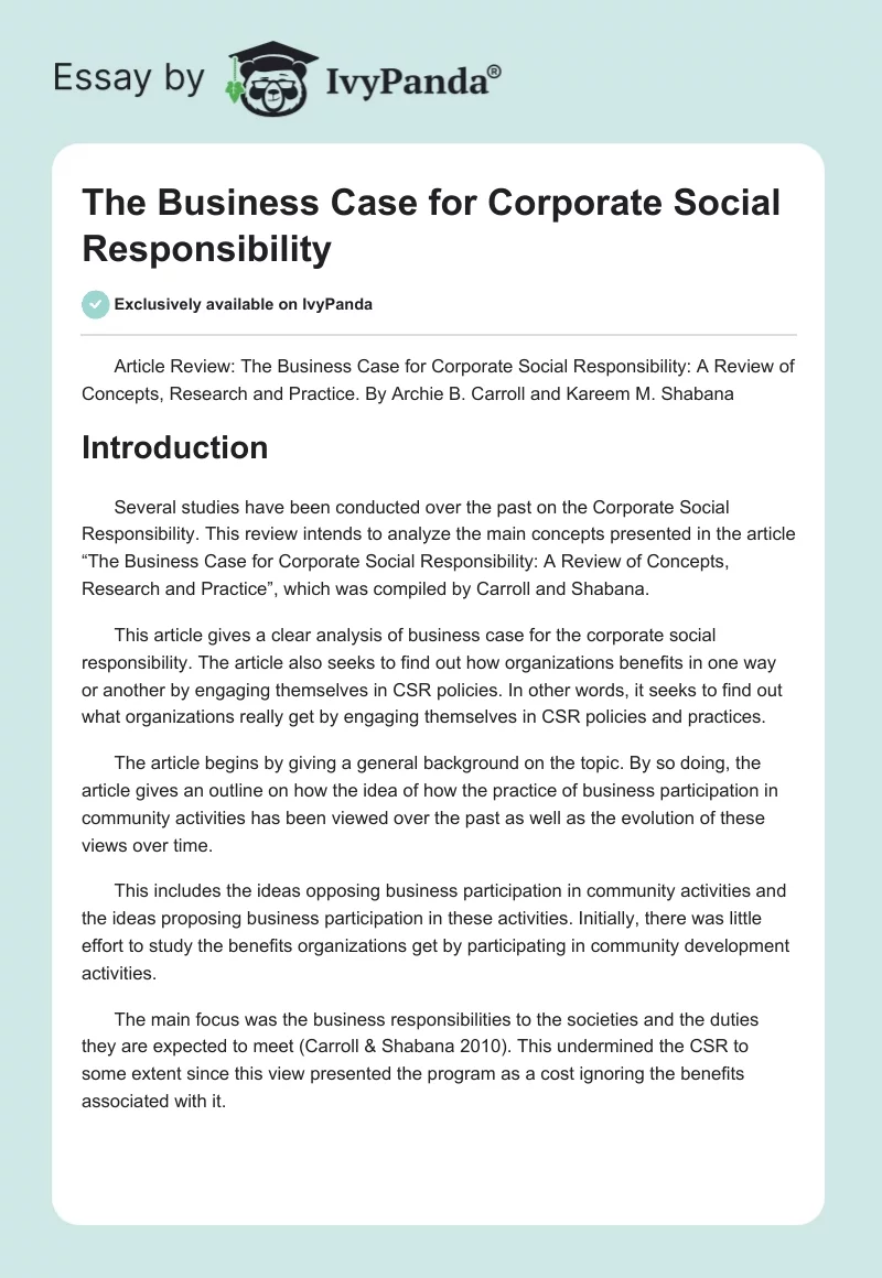 The Business Case for Corporate Social Responsibility. Page 1
