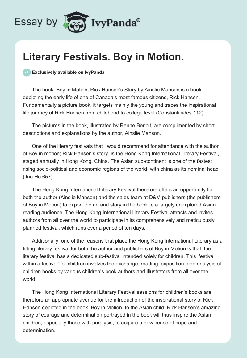 Literary Festivals. Boy in Motion.. Page 1
