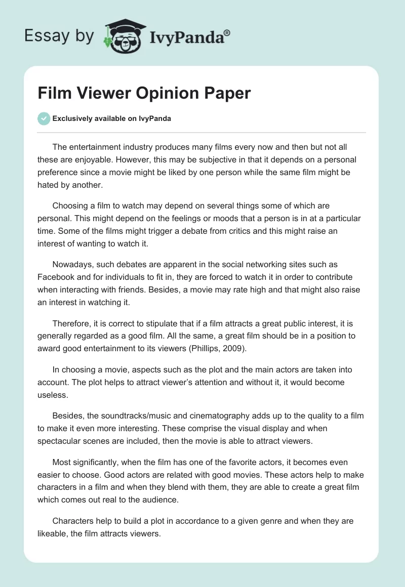 Film Viewer Opinion Paper. Page 1