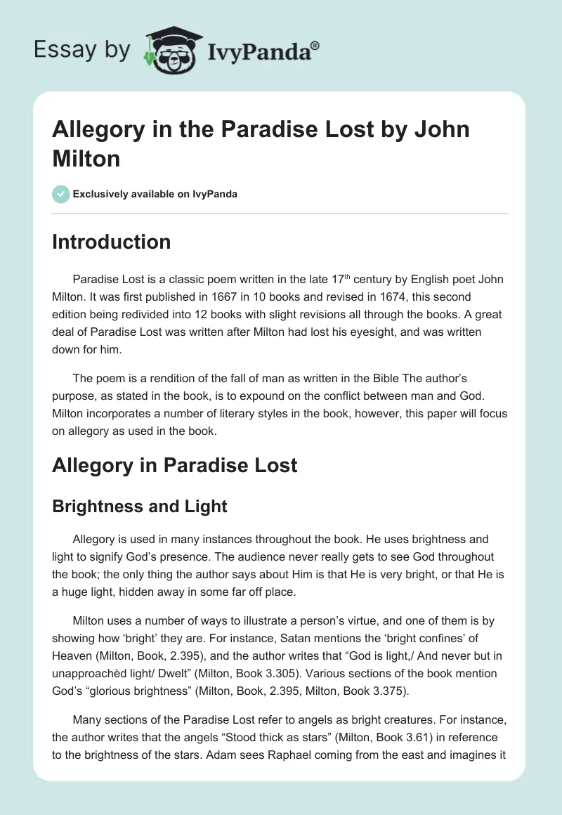 Allegory in the "Paradise Lost" by John Milton. Page 1