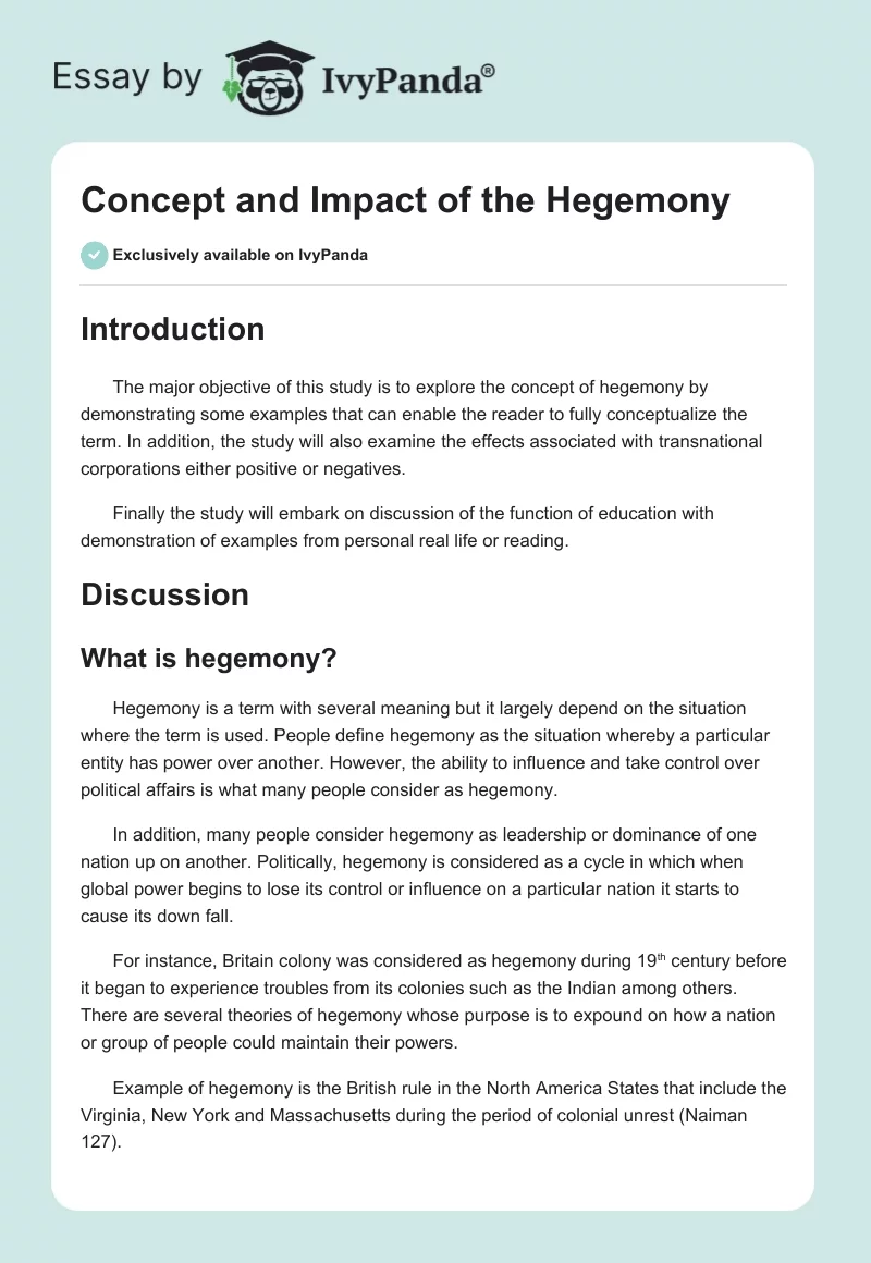 Concept and Impact of the Hegemony. Page 1