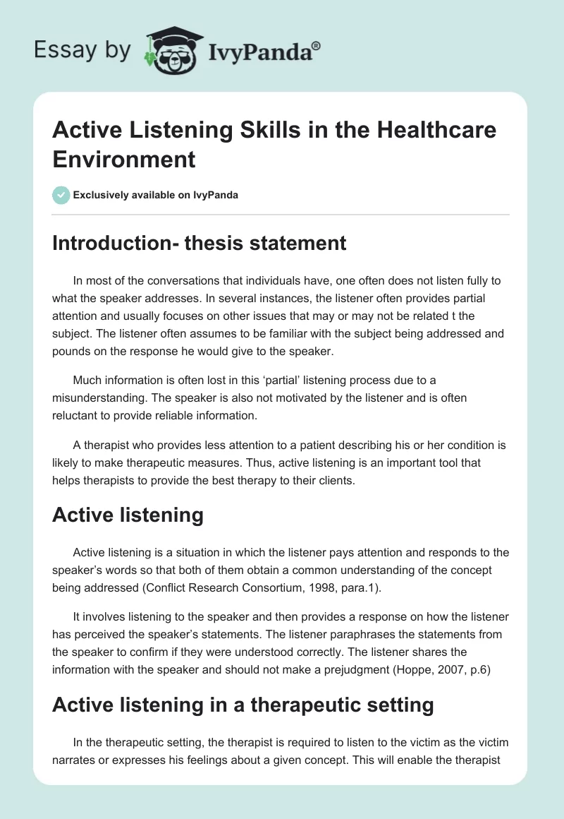 Active Listening Skills in the Healthcare Environment. Page 1