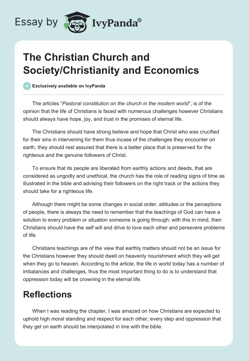 The Christian Church and Society/Christianity and Economics. Page 1