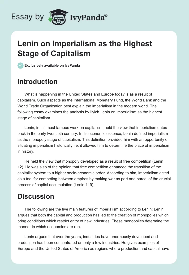 Lenin on Imperialism as the Highest Stage of Capitalism. Page 1