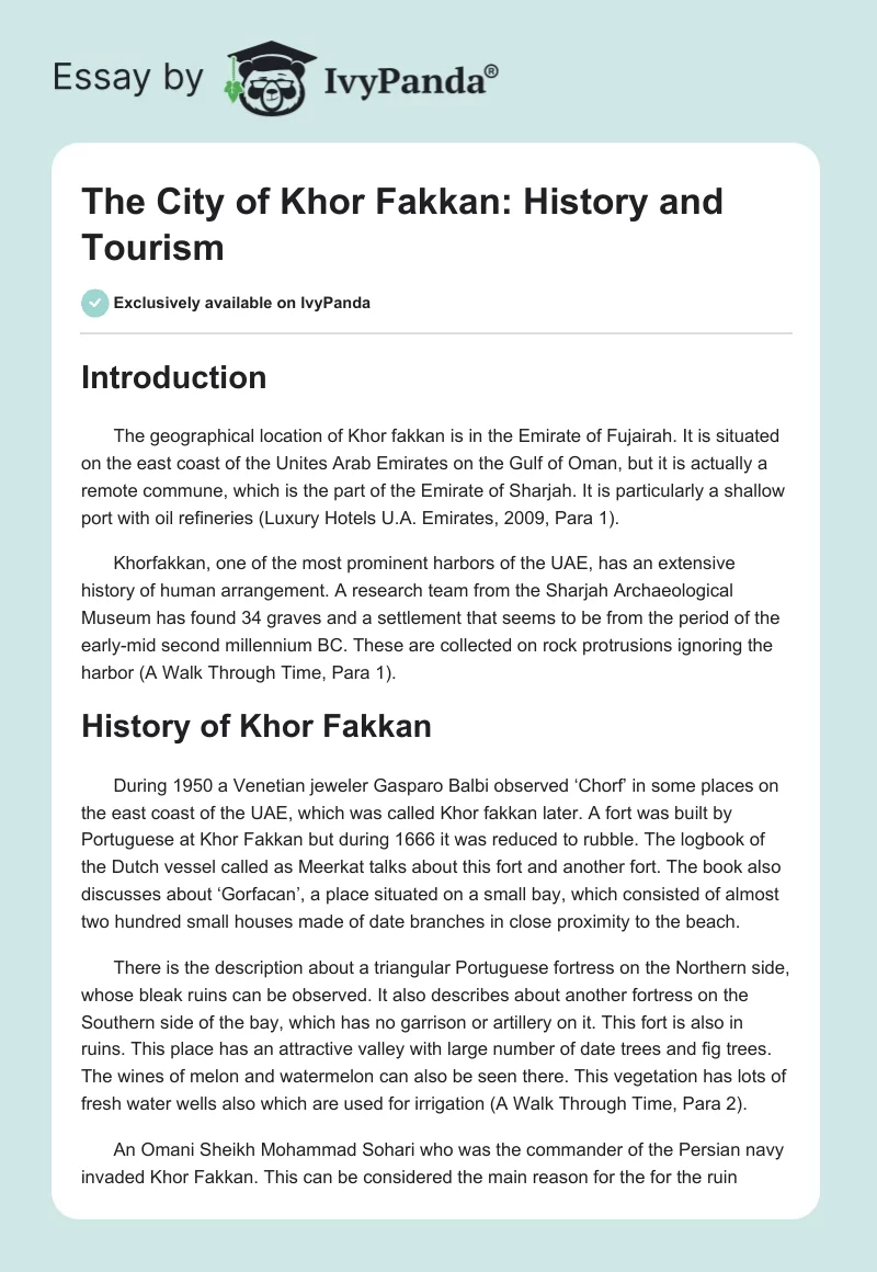 The City of Khor Fakkan: History and Tourism. Page 1