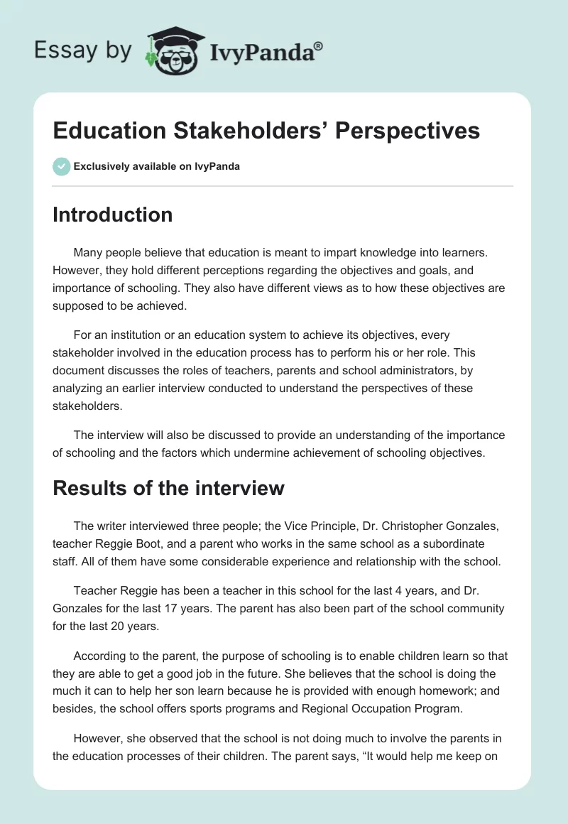 Education Stakeholders’ Perspectives. Page 1