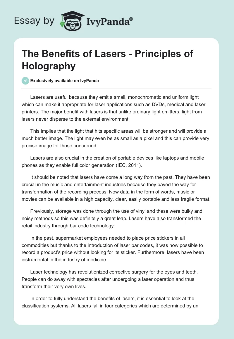 The Benefits of Lasers - Principles of Holography. Page 1