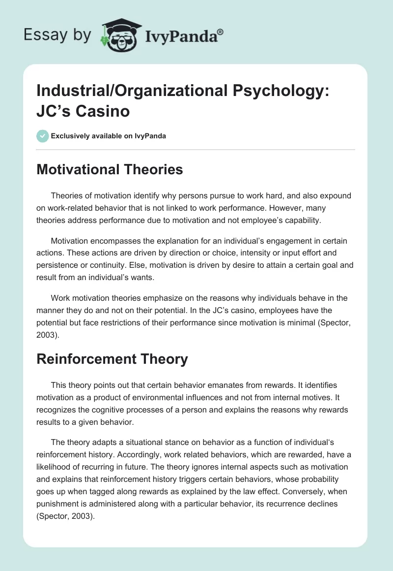 Industrial/Organizational Psychology: JC’s Casino. Page 1