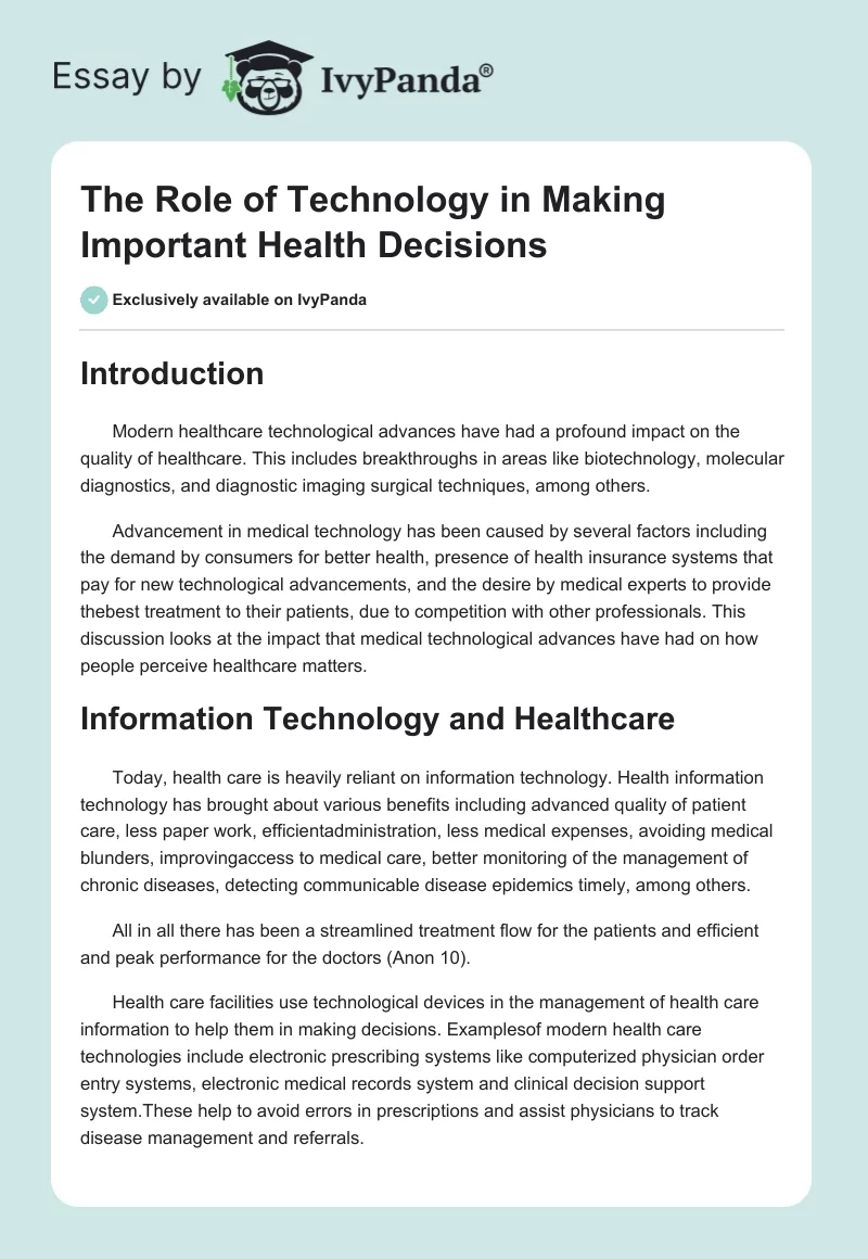 The Role of Technology in Making Important Health Decisions. Page 1