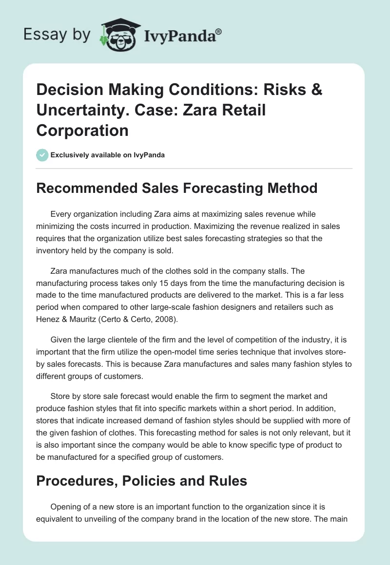 Decision Making Conditions: Risks & Uncertainty. Case: Zara Retail Corporation. Page 1