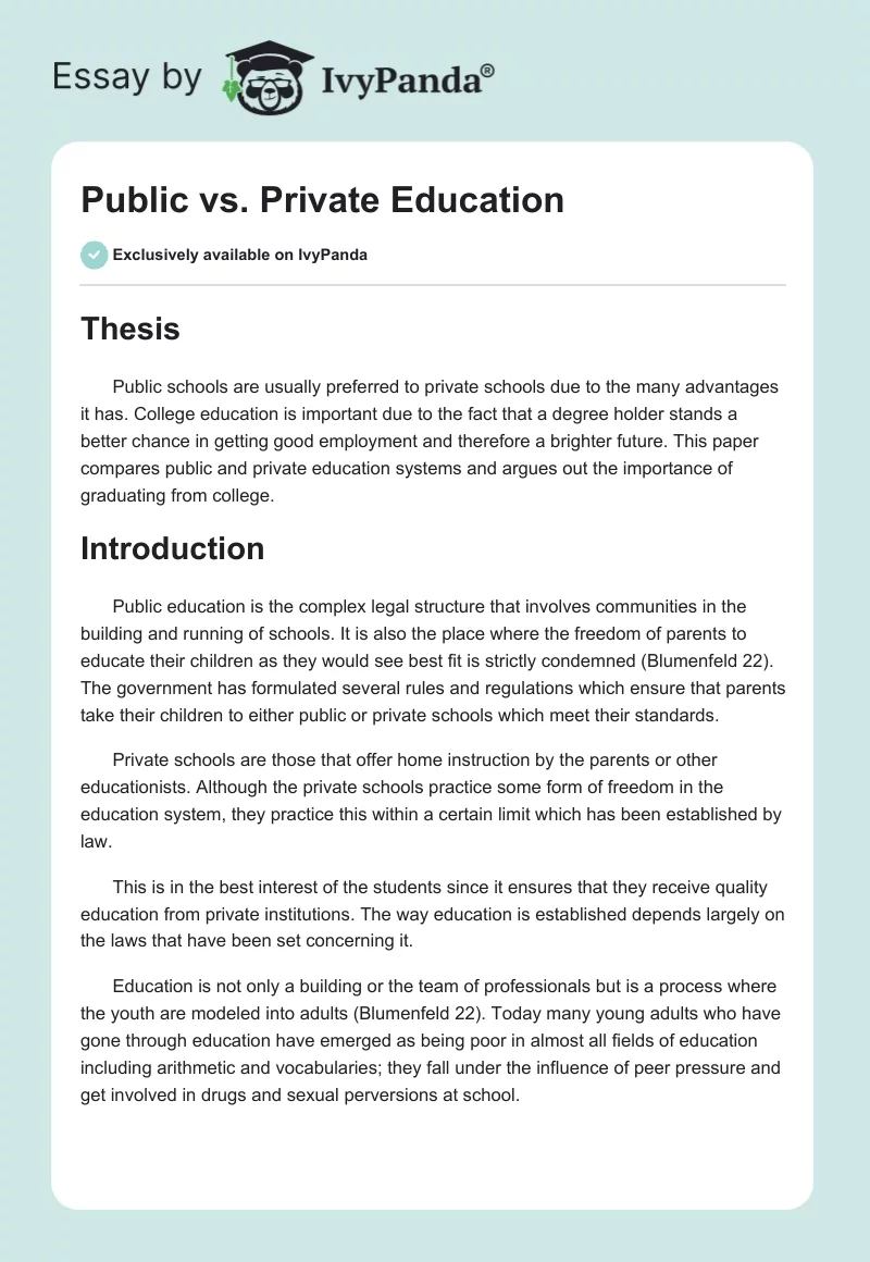 Public vs. Private Education. Page 1