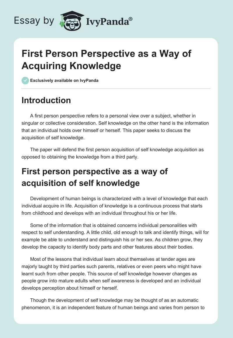 First Person Perspective as a Way of Acquiring Knowledge. Page 1
