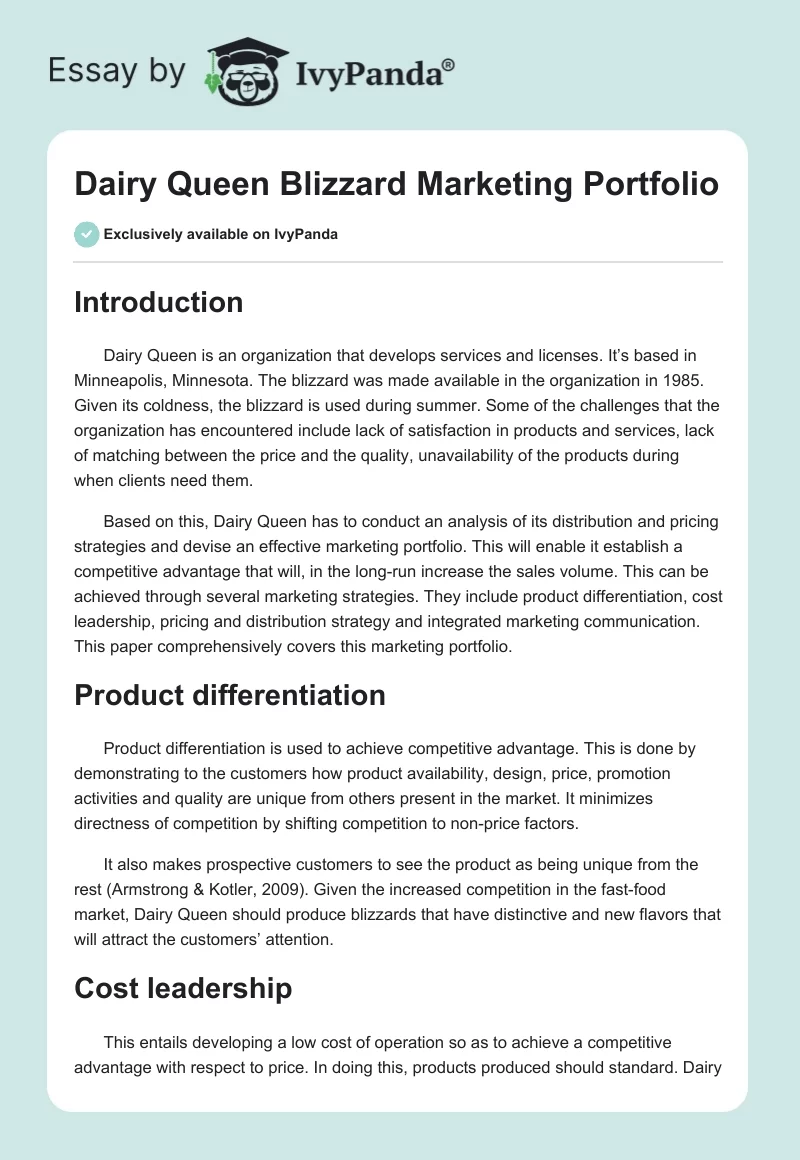 Dairy Queen Blizzard Marketing Portfolio. Page 1