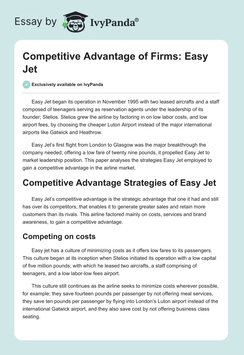 Competitive Advantage of Firms: Easy Jet. Page 1