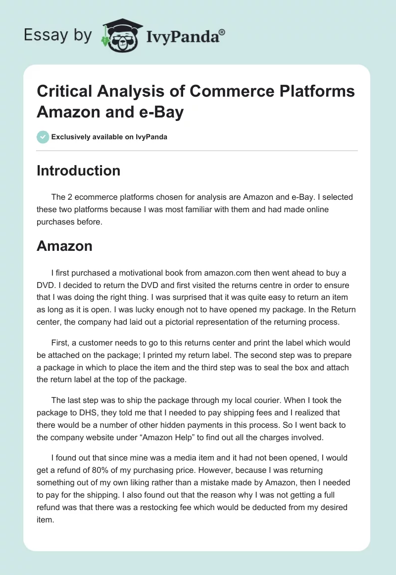 Critical Analysis of Commerce Platforms Amazon and e-Bay. Page 1
