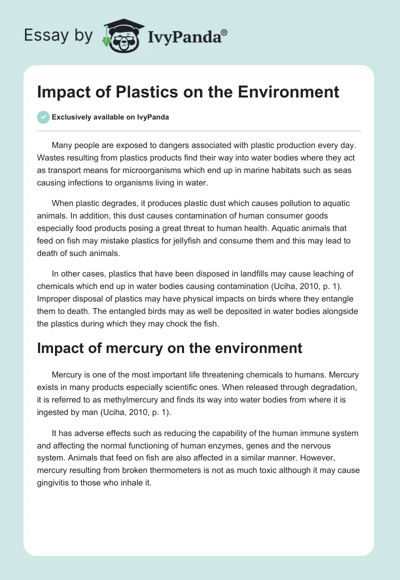 Impact of Plastics on the Environment. Page 1