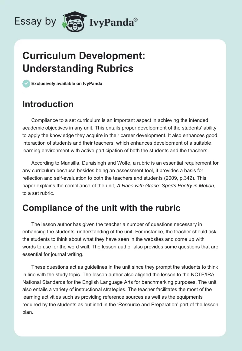 Curriculum Development: Understanding Rubrics. Page 1