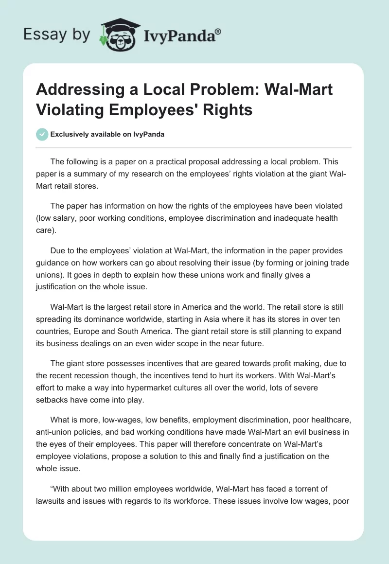 Addressing a Local Problem: Wal-Mart Violating Employees' Rights. Page 1