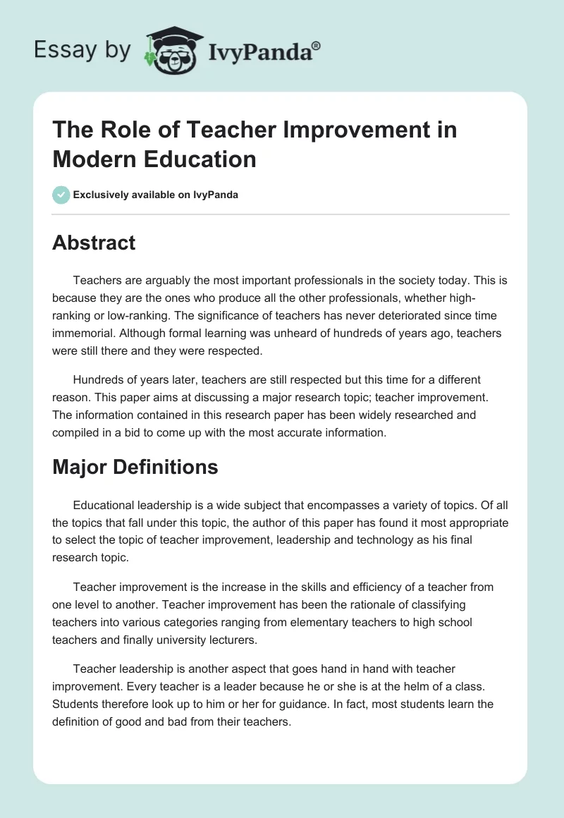 The Role of Teacher Improvement in Modern Education. Page 1