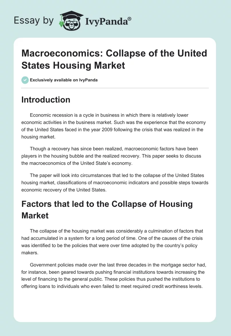 Macroeconomics: Collapse of the United States Housing Market. Page 1