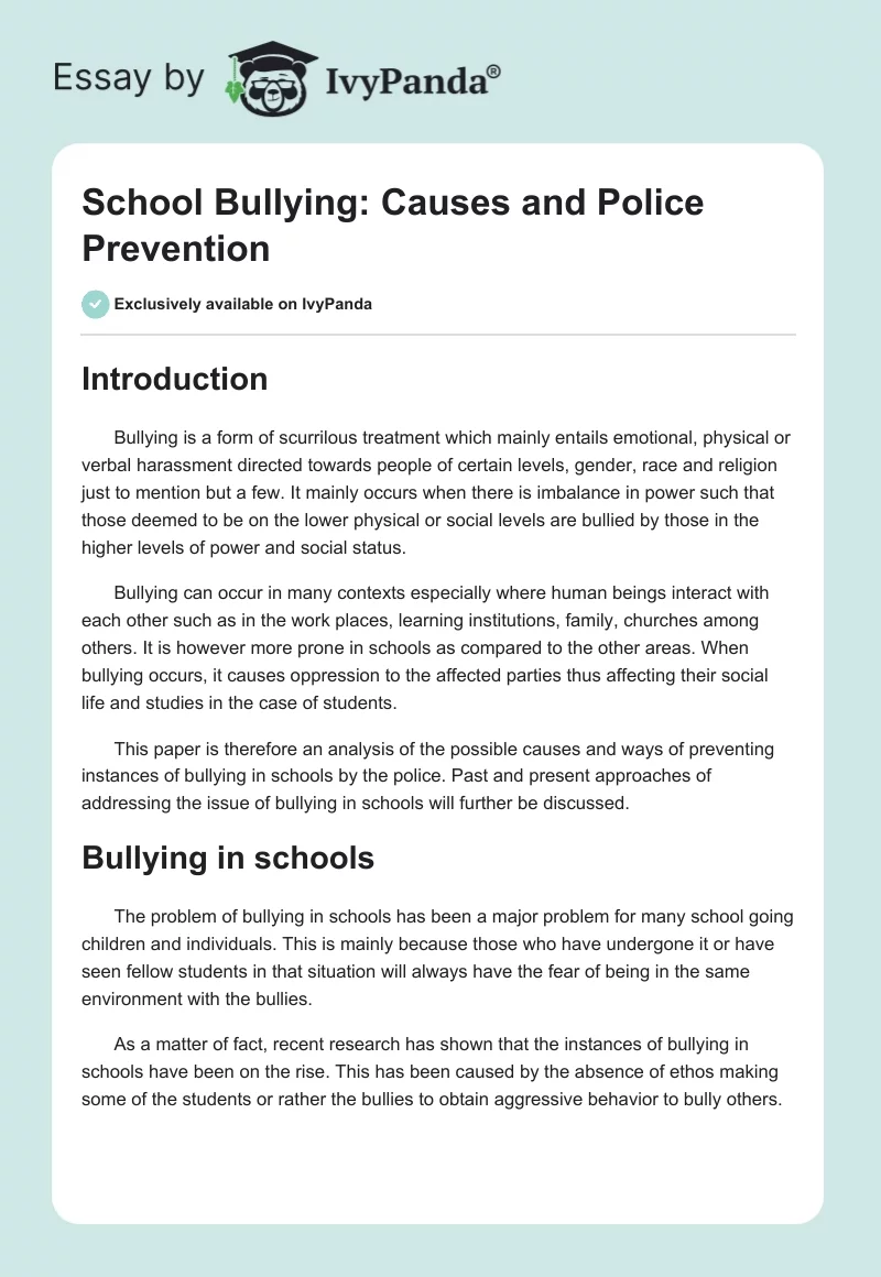 School Bullying: Causes and Police Prevention. Page 1