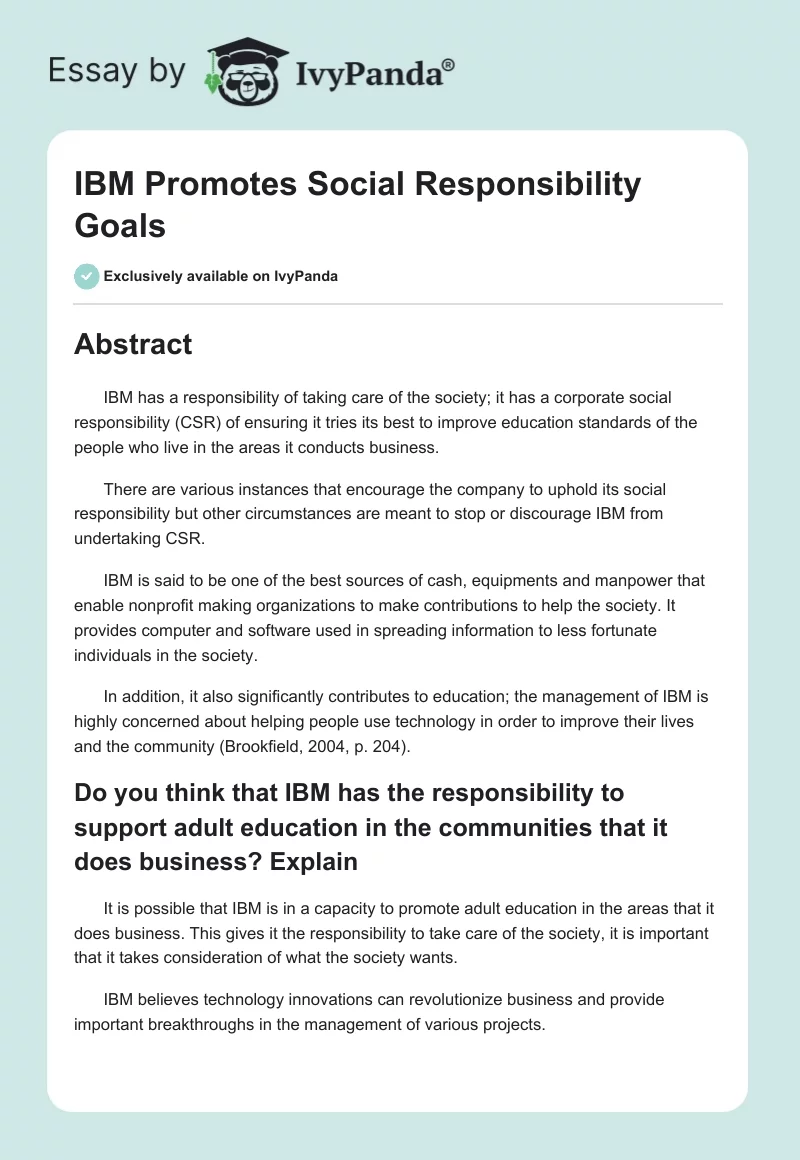 IBM Promotes Social Responsibility Goals. Page 1