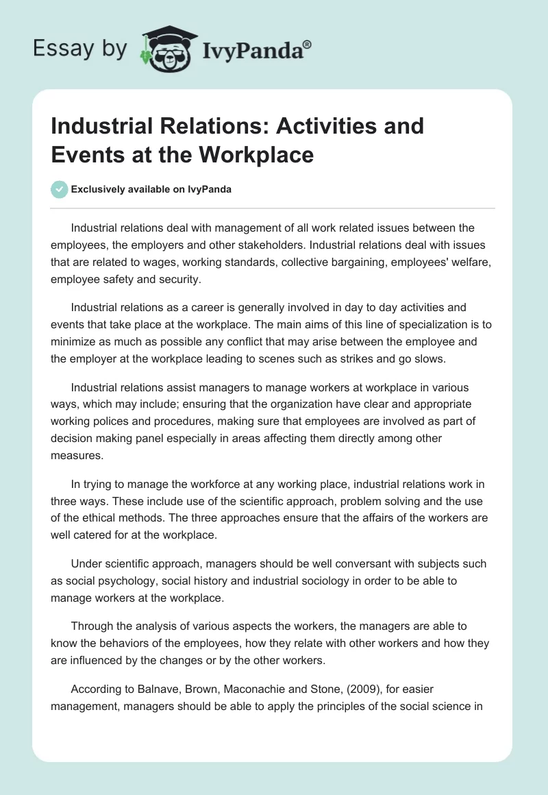 Industrial Relations: Activities and Events at the Workplace. Page 1