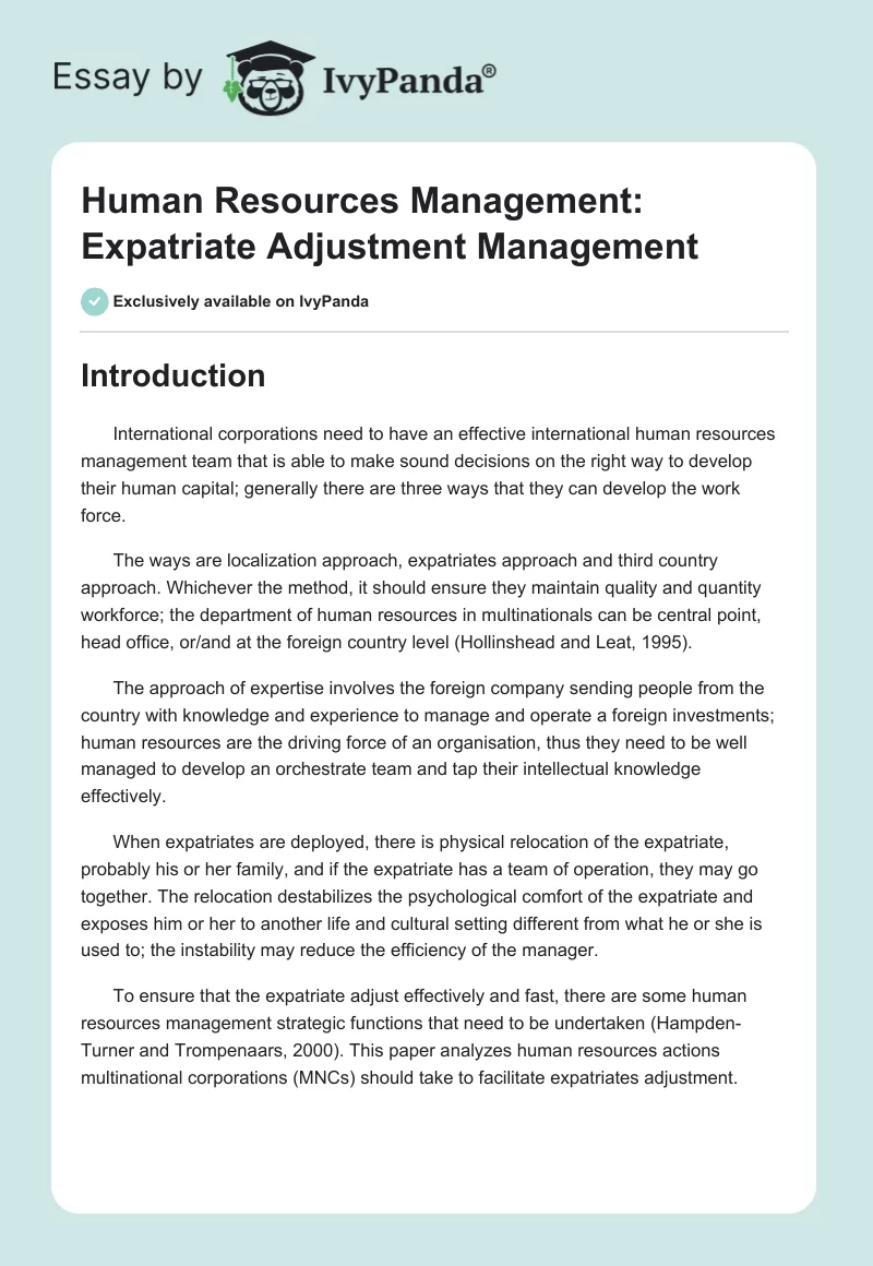 Human Resources Management: Expatriate Adjustment Management. Page 1