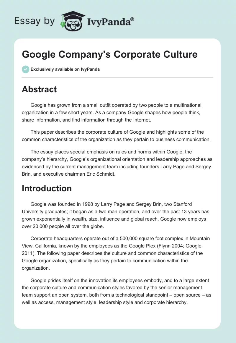 Google Company's Corporate Culture. Page 1