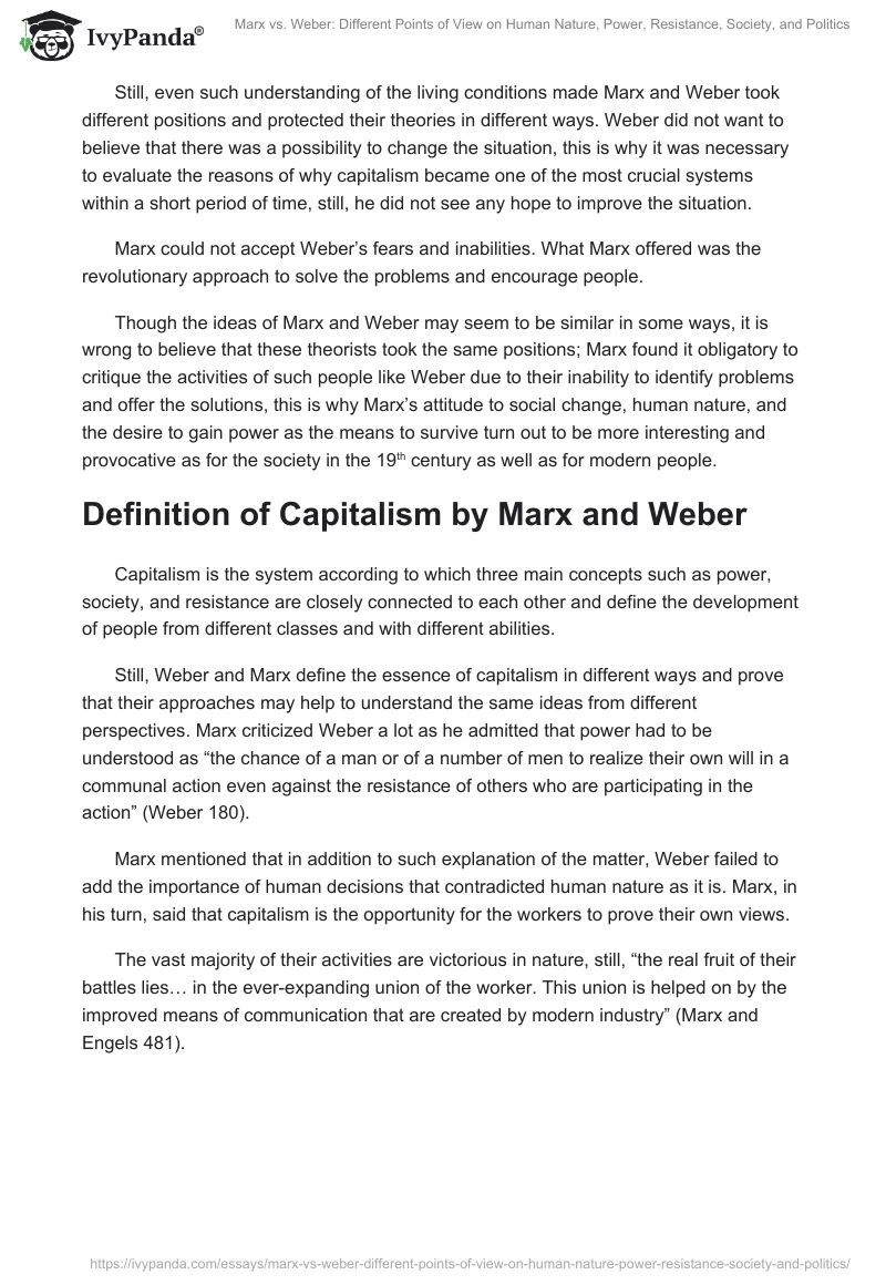 Marx vs. Weber: Different Points of View on Human Nature, Power, Resistance, Society, and Politics. Page 2