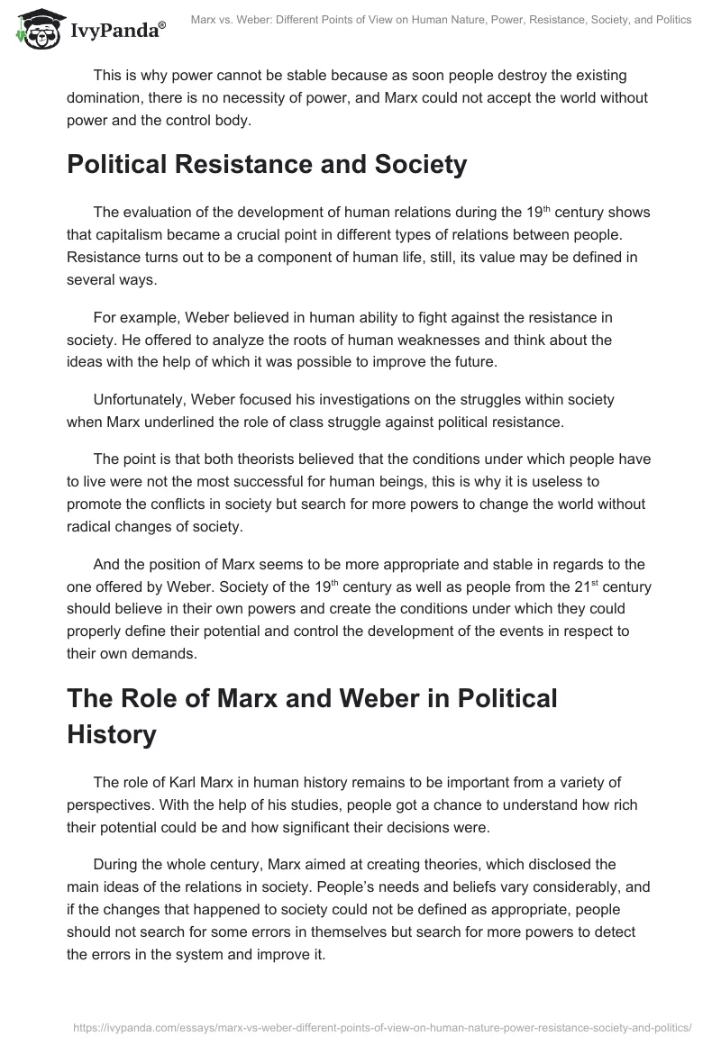Marx vs. Weber: Different Points of View on Human Nature, Power, Resistance, Society, and Politics. Page 4