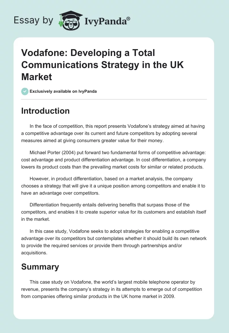 Vodafone: Developing a Total Communications Strategy in the UK Market. Page 1
