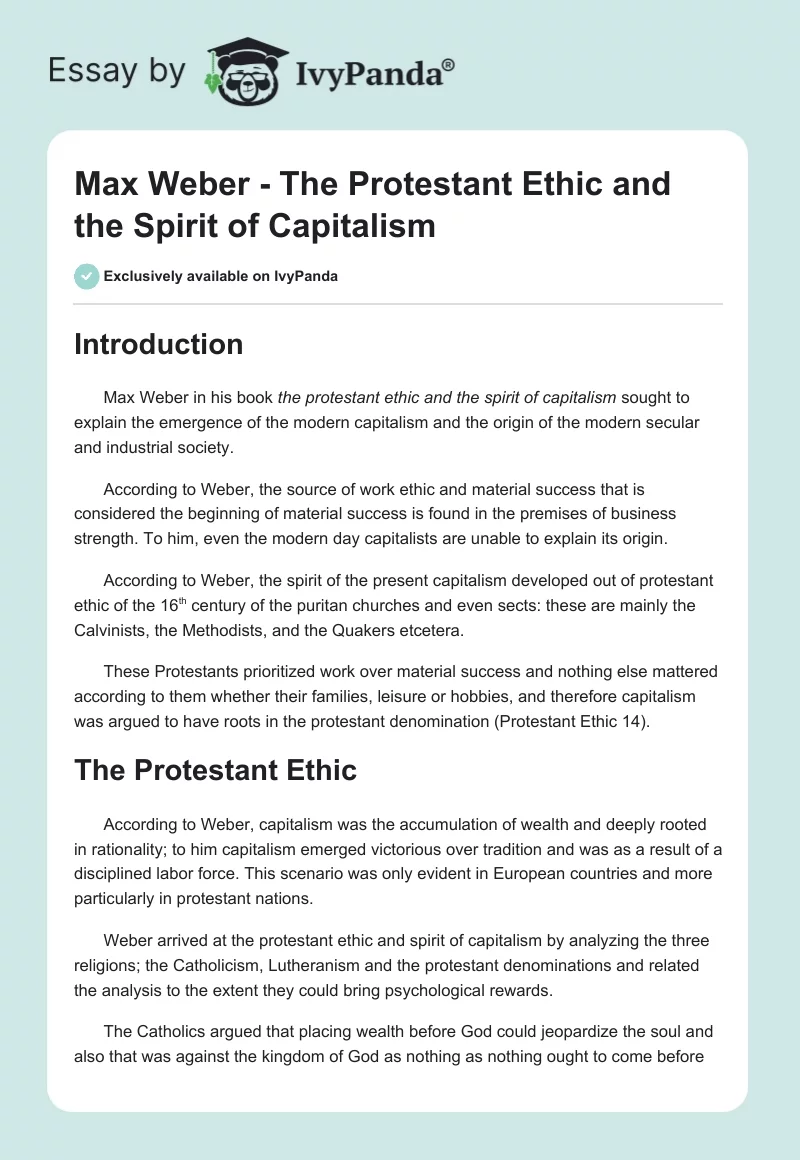 Max Weber - The Protestant Ethic and the Spirit of Capitalism. Page 1