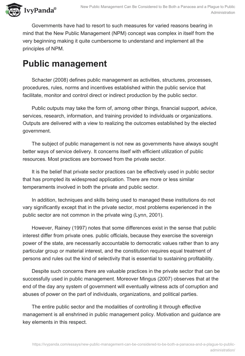 New Public Management Can Be Considered to Be Both a Panacea and a Plague to Public Administration. Page 2