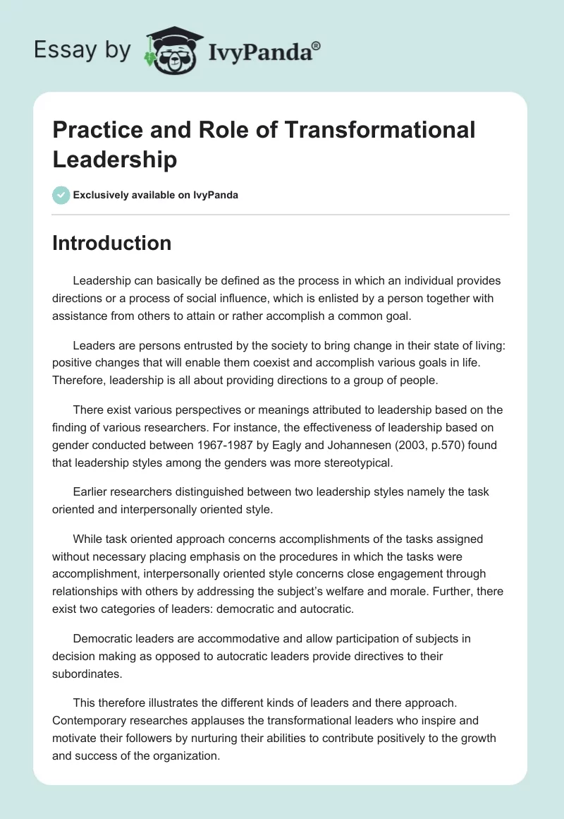Practice and Role of Transformational Leadership. Page 1