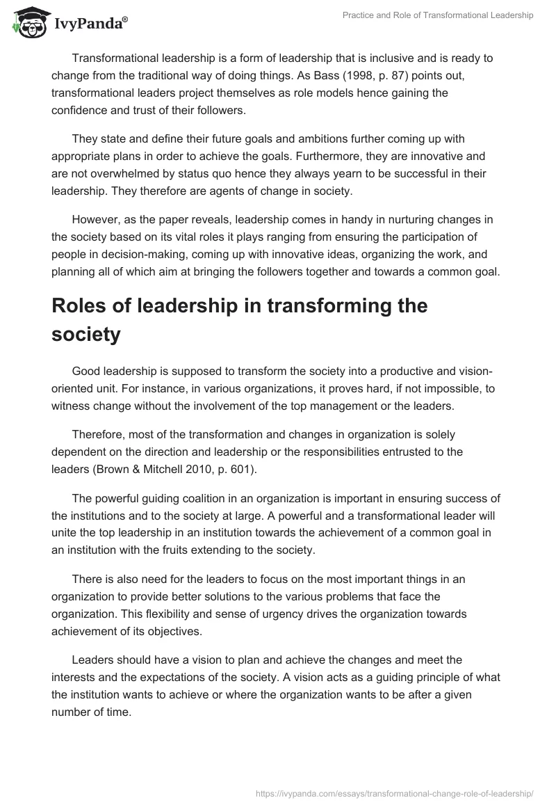 Practice and Role of Transformational Leadership. Page 2