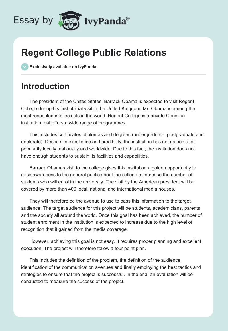 Regent College Public Relations. Page 1