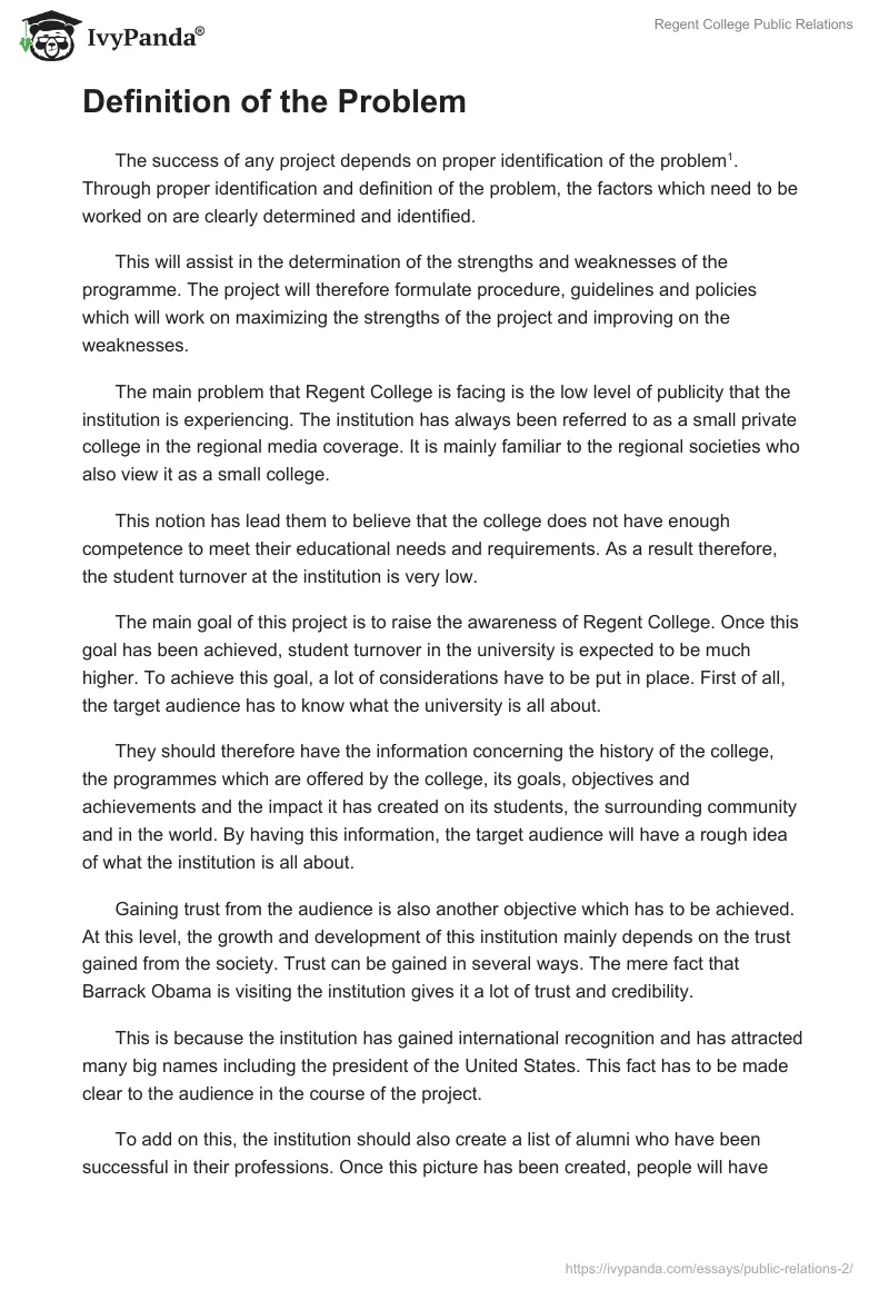Regent College Public Relations. Page 2