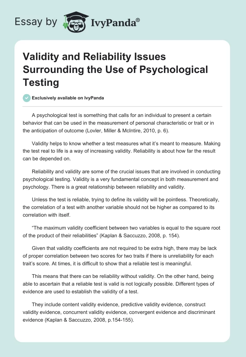 Validity and Reliability Issues Surrounding the Use of Psychological Testing. Page 1