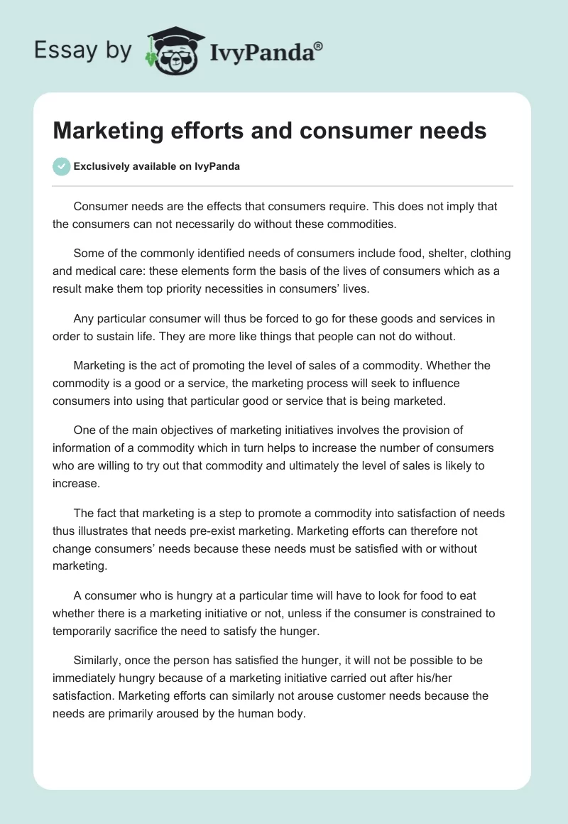 Marketing efforts and consumer needs. Page 1