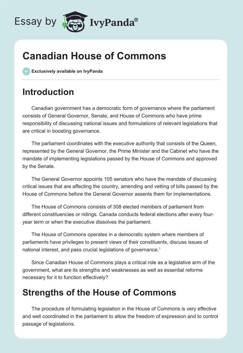 Canadian House of Commons. Page 1