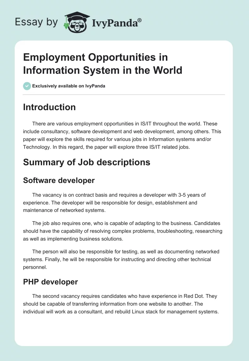 Employment Opportunities in Information System in the World. Page 1